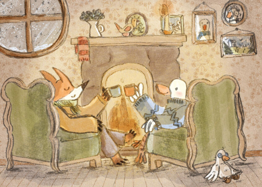 Fox & Goose sitting by a fireplace