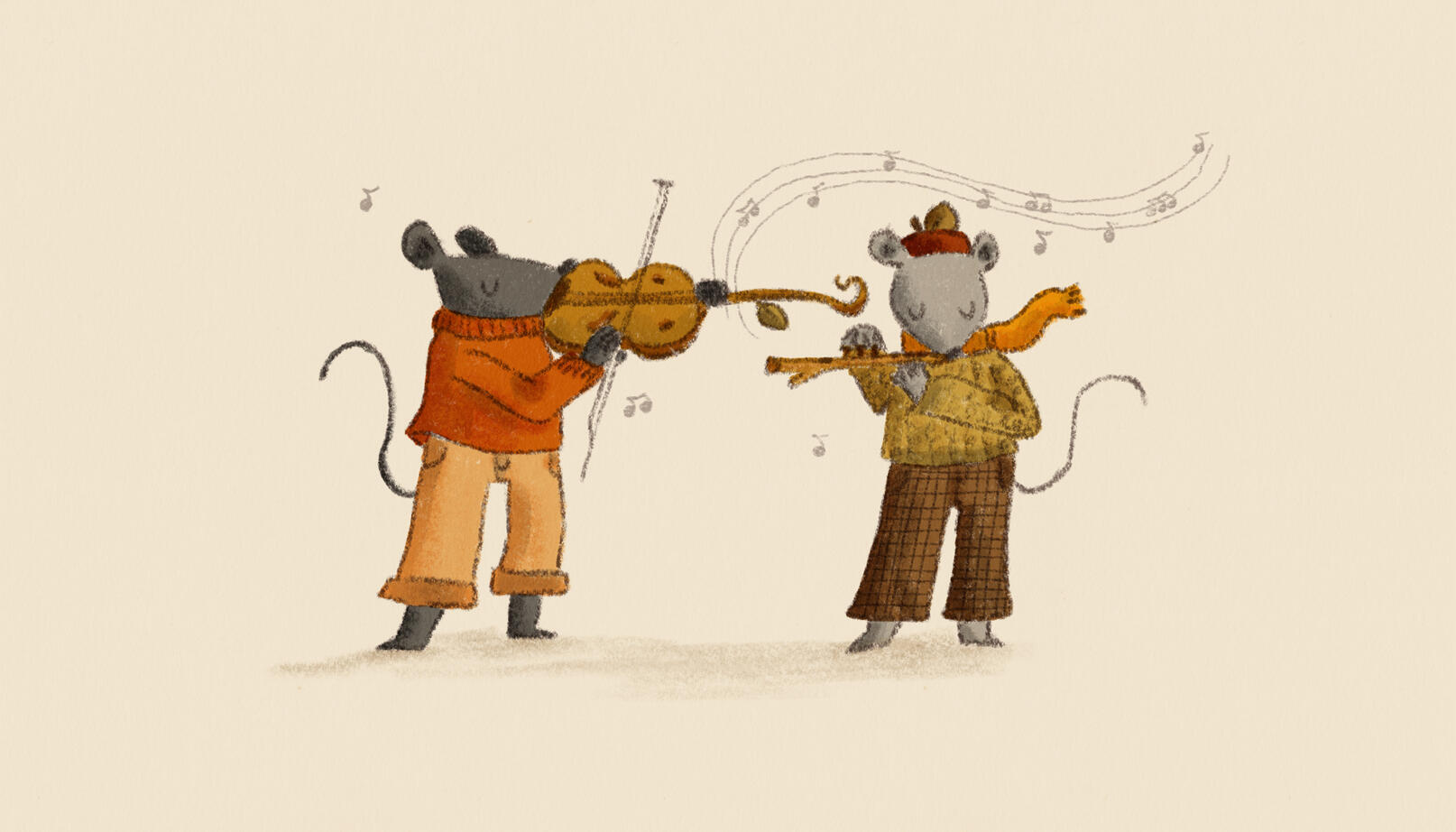 A dark grey rat in an orange sweater playing the violin next to a light grey rat in a green sweater playing the flute.