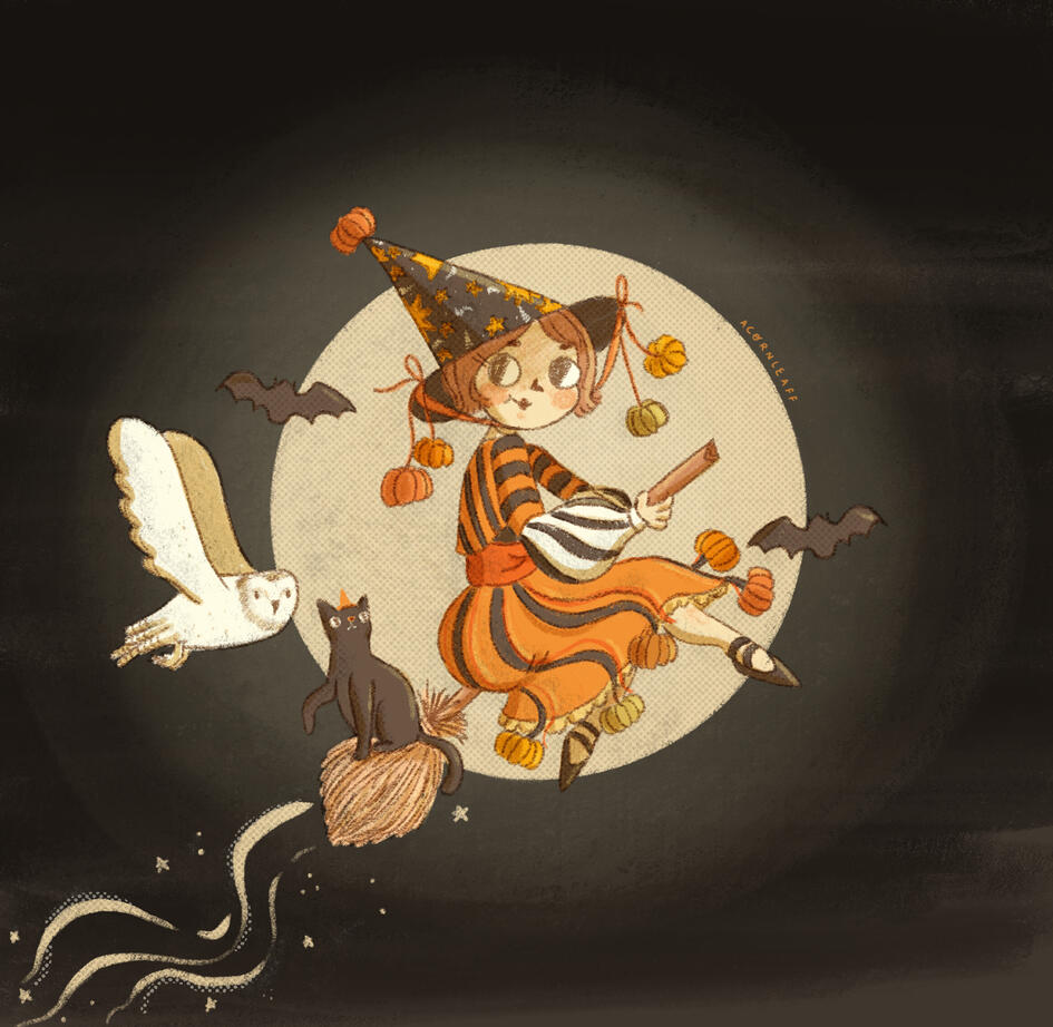 Illustration of a witch on a broom with the moon in the background with her two familiars a barn owl and a black cat. Along with bats around her.