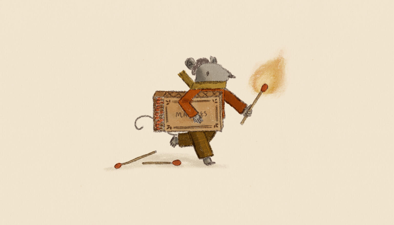 A rat wearing a beret and red sweater holding a match box and match that is lit on fire