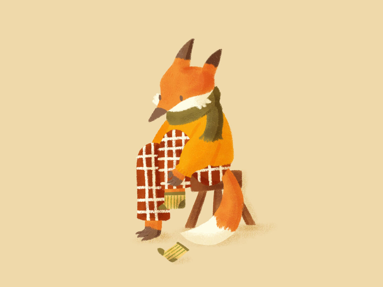 Fox putting on socks, original illustration done by moonchild illustrations