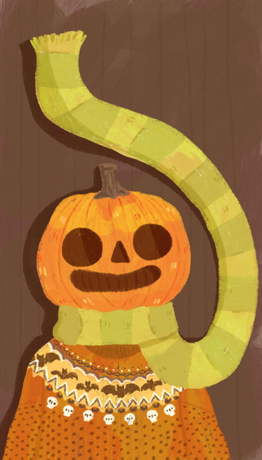 Drawing of a pumpkin in a sweater with a green scarf flowing upwards